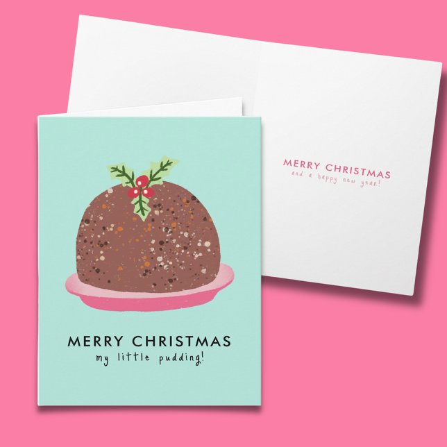 Carte De Remerciements Illustration de pudding moderne de Noël joyeux (Cute 'My Little Pudding' Christmas card with message inside)