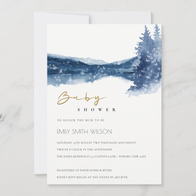 CARTE DE REMERCIEMENTS INDIGO INK BLUE MOUNTAIN LAKE BABY SHOWER INVITATI (Devant)