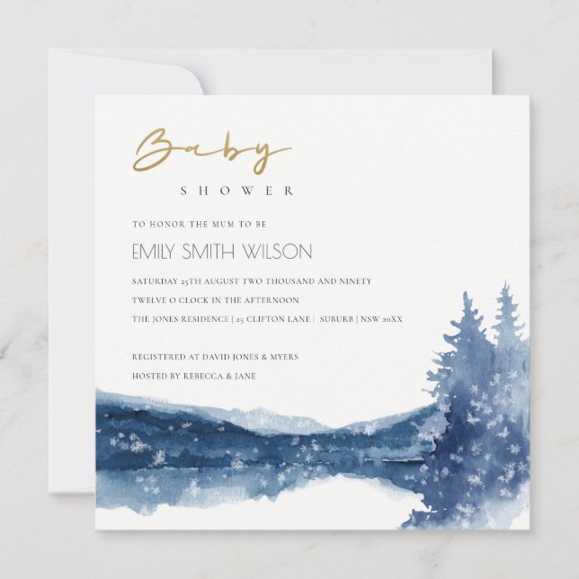 CARTE DE REMERCIEMENTS INDIGO INK BLUE MOUNTAIN LAKE BABY SHOWER INVITATI (Devant)