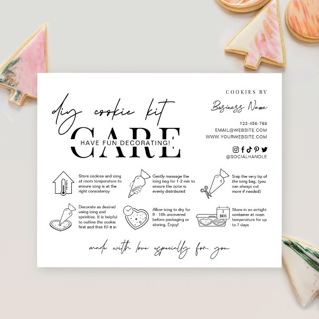 Carte De Remerciements Instructions pour la décoration de biscuits Boulan (Minimalist DIY cookie kit instructions cards with care icons and space for your business details)
