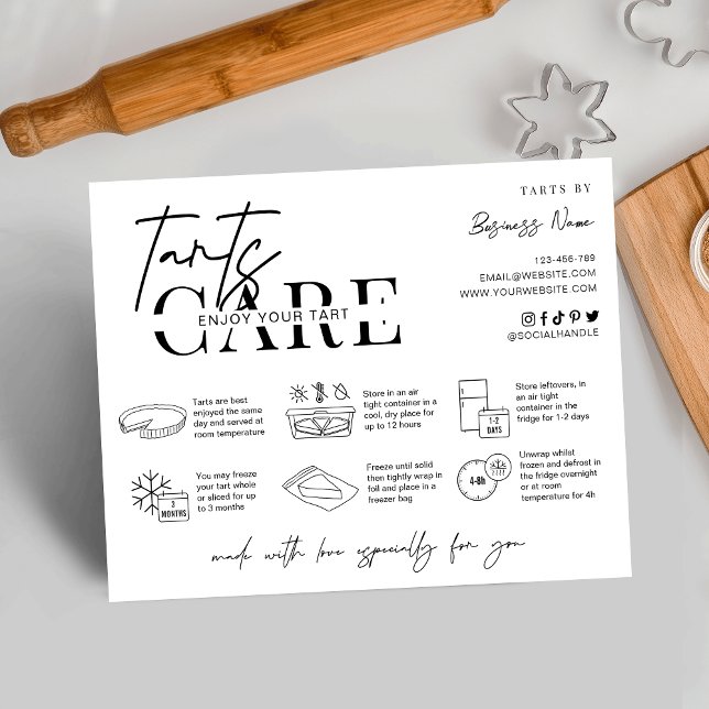 Carte De Remerciements Instructions pour la prise en charge des tartes Bo (Minimalist tarts care instructions card with icons, space for your business info and thank you note)