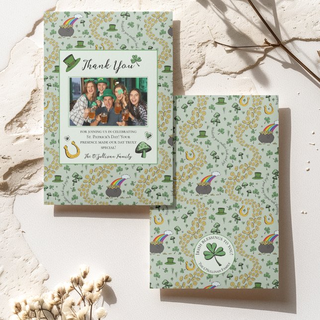 Carte de remerciements irlandais Fun Green (St Patricks Day Custom Photo, Thank You Message and Name with Irish Blessing on Back of the Card. 
)