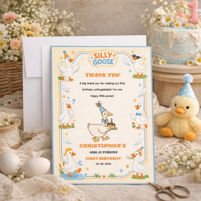 Carte De Remerciements It’s ONE Silly Goose Retro 1st Birthday Fun Modern (It’s ONE Silly Goose Retro 1st Birthday Fun Modern Party Thank You Card)