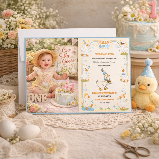 Carte De Remerciements It’s ONE Silly Goose Retro 1st Birthday Fun Modern (It’s ONE Silly Goose Retro 1st Birthday Fun Modern Party Thank You Card)
