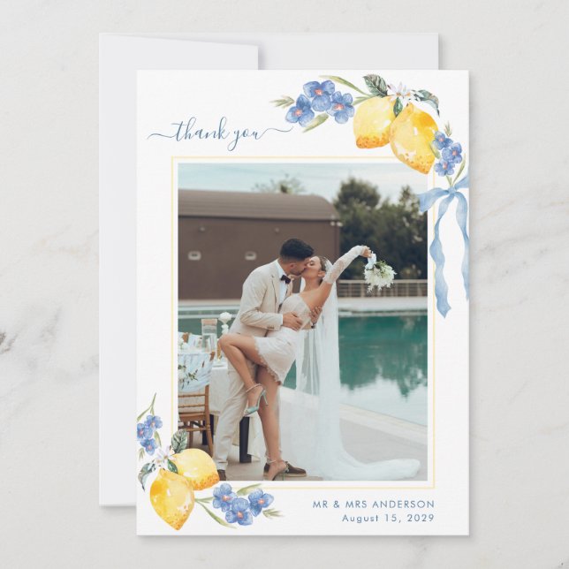 Carte De Remerciements Italian Lemon Floral & Bow Blue and Yellow Wedding (Devant)