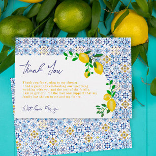Carte De Remerciements Italien carrelage bleu aquarelle citron nuptiale