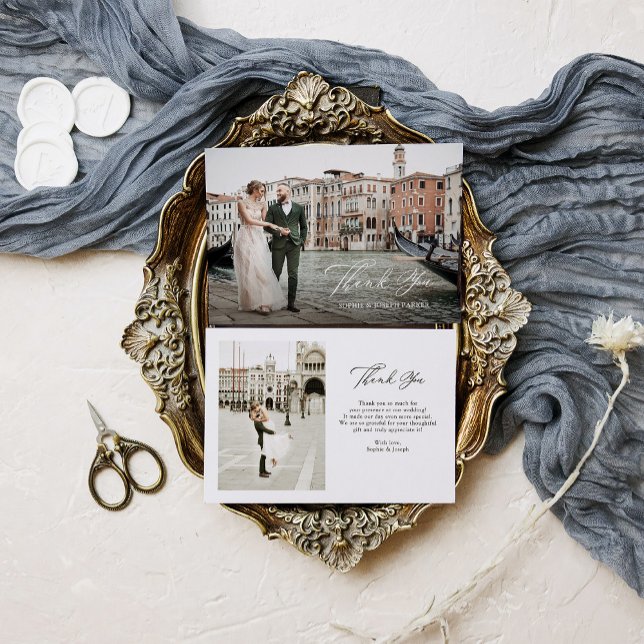 Carte De Remerciements Italien Elegance Classic Script Deux Mariage Photo (Créateur téléchargé)