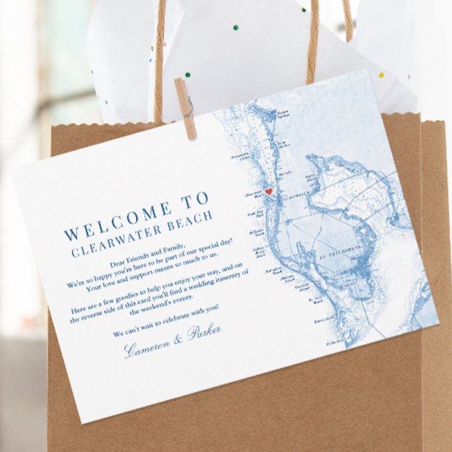 Carte De Remerciements Itinéraire de bienvenue du Mariage bleu de Clearwa (Clearwater Beach FL Wedding Welcome letter and Schedule Itinerary in elegant navy blue )
