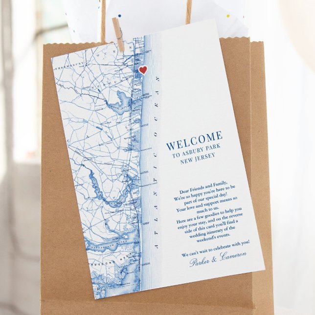 Carte De Remerciements Itinéraire de bienvenue pour Mariage d'Asbury Park (This Asbury Park NJ map wedding welcome letter is perfect for your destination wedding guests)