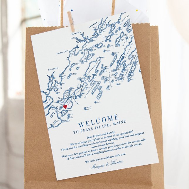 Carte De Remerciements Itinéraire de bienvenue pour Mariage de Peaks Isla (These Peaks Island Maine wedding welcome letters include your wedding itinerary on the back)