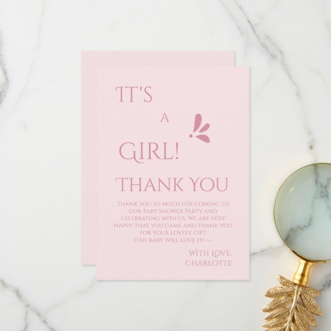 Carte De Remerciements It's A Girl! Minimalism Pastel Pink Baby Shower (Devant/Arrière en situation)