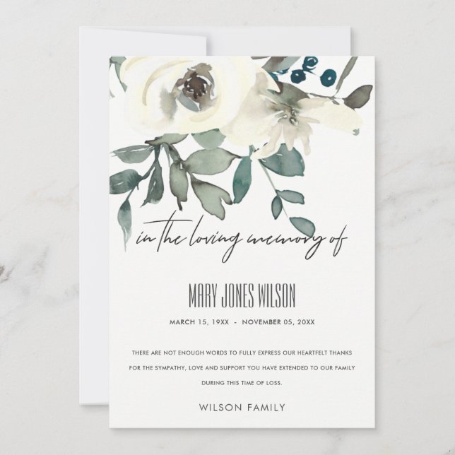 CARTE DE REMERCIEMENTS IVOIRE BLANC VERT ROSE SYMPATHIE FLORALE MÉMORIAL (Devant)