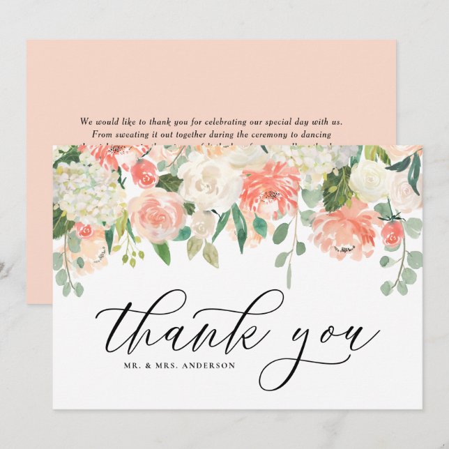 Carte De Remerciements Ivoire et aquarelle rose et pivoine et hortensia (Devant / Derrière)