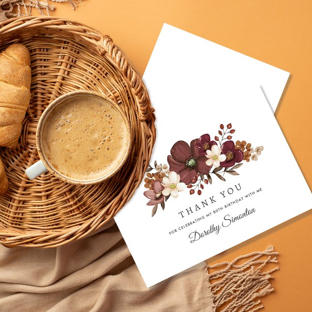 Carte De Remerciements Ivoire Mauve de Bourgogne Automne 80e Anniversaire (Créateur téléchargé)