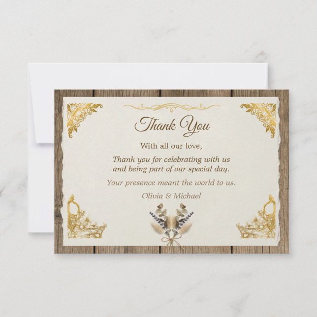 Carte De Remerciements Ivory Gold Boho Floral Élégant Script Rustique (Devant)