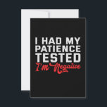 Carte De Remerciements J'Ai Fait Tester Ma Patience, Elle Est Revenue Nég<br><div class="desc">funny, patience, venin, venin, sarcastic, quote, birthday, her, him</div>
