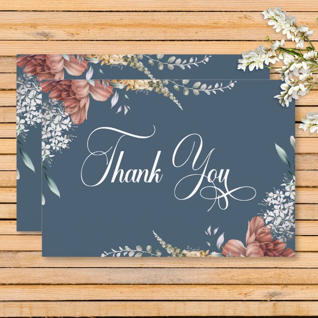 Carte De Remerciements Jardin bleu romantique moderne Mariage floral (Modern Romantic Blue Garden Floral Wedding Thank You Card)