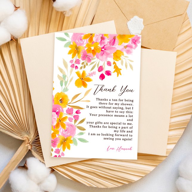 Carte De Remerciements Jardin jaune rose floral lavis de mariage (Garden yellow pink floral watercolor bridal shower thank you card)