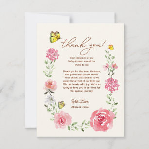 Carte De Remerciements Jardin Rose Bébé Fille Floral Papillon Baby Shower