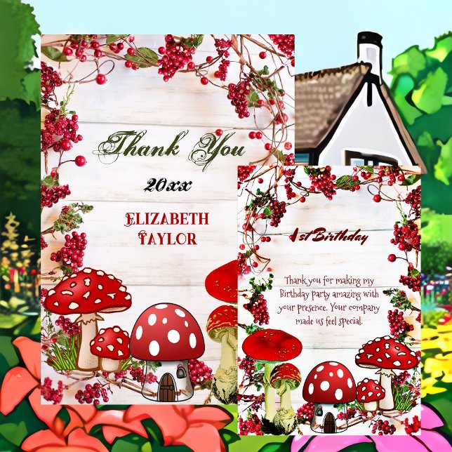 Carte De Remerciements Jardin Rouge Berry Toadstool Verdure Magie Champig (Red Berry Garden Toadstool Greenery Magic Mushroom Thank You Card)