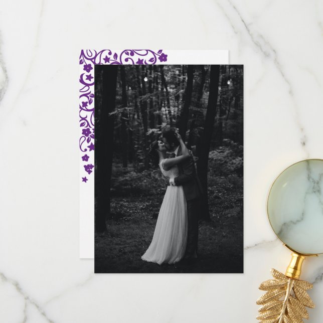 Carte De Remerciements Jardin secret Oiseaux floraux pourpres Mariage pho (Devant/Arrière en situation)