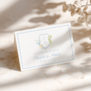 Carte De Remerciements Jaune Beurre Bleu Floral Monogramme Blason Mariage