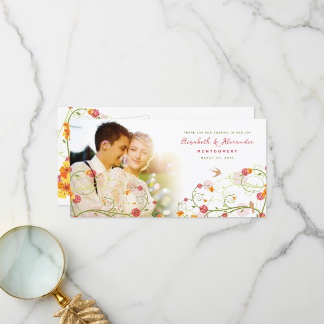 Carte De Remerciements Jaune Hibiscus & Hirondelles Floral Mariage Photo (Devant/Arrière en situation)