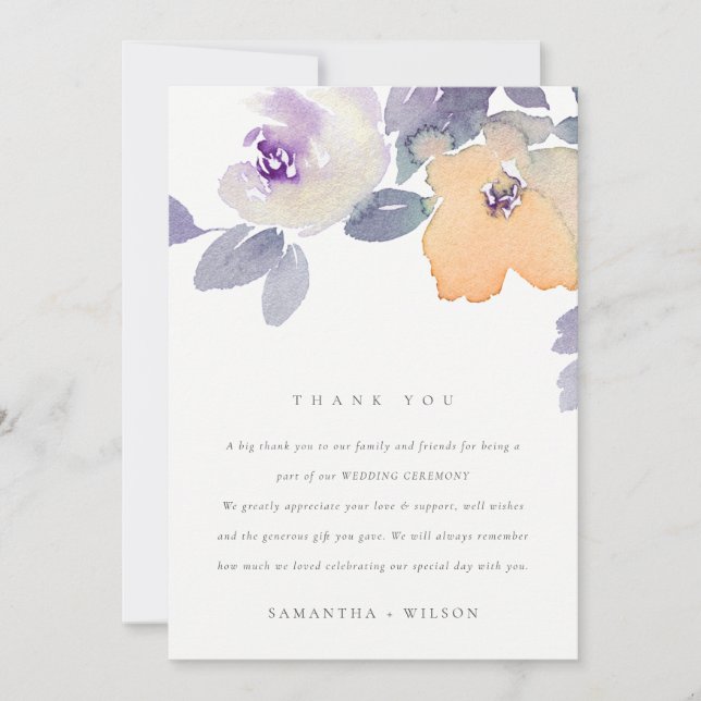 CARTE DE REMERCIEMENTS JAUNE LILAC PURPLE ROSE COULEUR D'EAU MARIAGE FLOR (Devant)