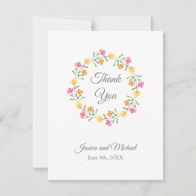 Carte De Remerciements Jaune, orange, Aquarelle rose Fleur couronne (Devant)