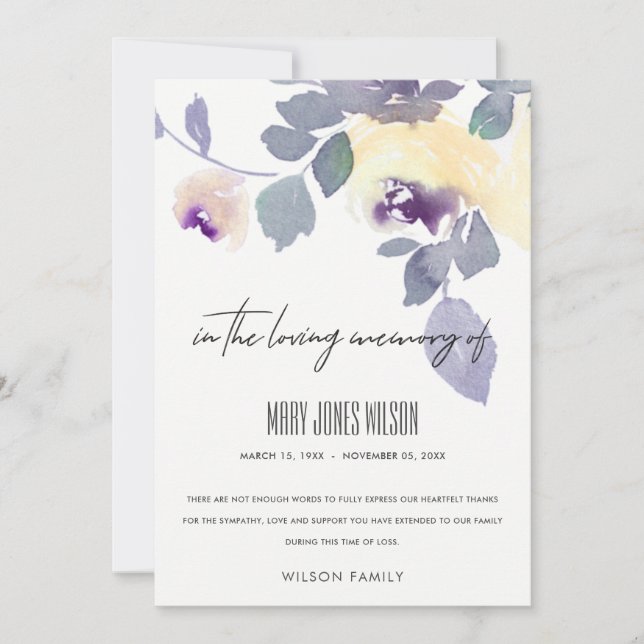 CARTE DE REMERCIEMENTS JAUNE PURPLE LILAC ROSE SYMPATHIE FLORALE MÉMORIAL (Devant)