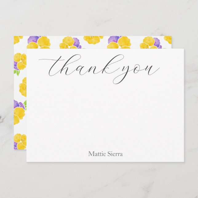Carte De Remerciements Jaune violet Aquarelle Pansy Motif (Devant / Derrière)