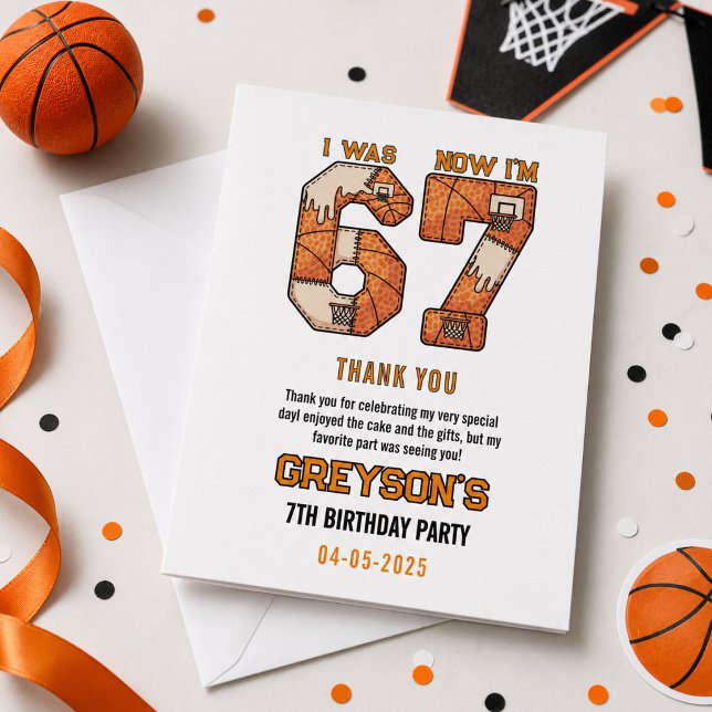 Carte De Remerciements J'avais 6 ans maintenant j'ai 7 ans Basket-ball –  (I Was 6 Now I’m 7 Basketball – 7th Birthday Party Thank You Card
)