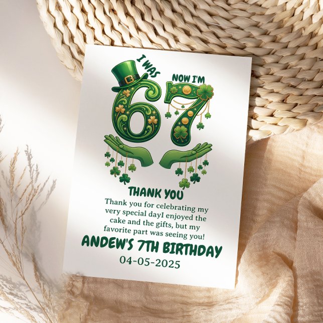 Carte De Remerciements J'avais 6 ans maintenant j'ai 7 ans Garçon Saint-P (I Was 6 Now I’m 7 St. Patrick’s Day Boy Birthday Thank You Card
)