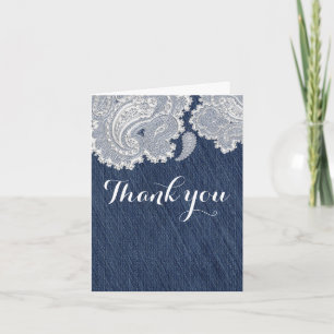 Carte De Remerciements Jean en Denim & Dentelle Blanche Élégant Mariage d