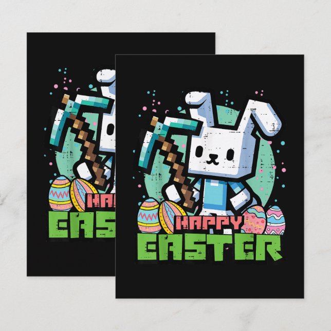 Carte De Remerciements Jeu de pixels de lapin de Pâques heureux  (Devant / Derrière)