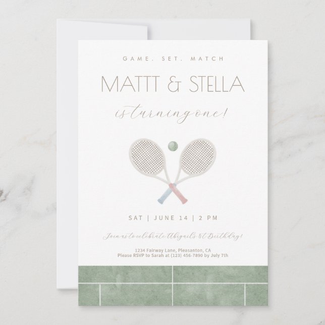 Carte De Remerciements Jeu Match Tennis Twin Premier Anniversaire invitat (Devant)