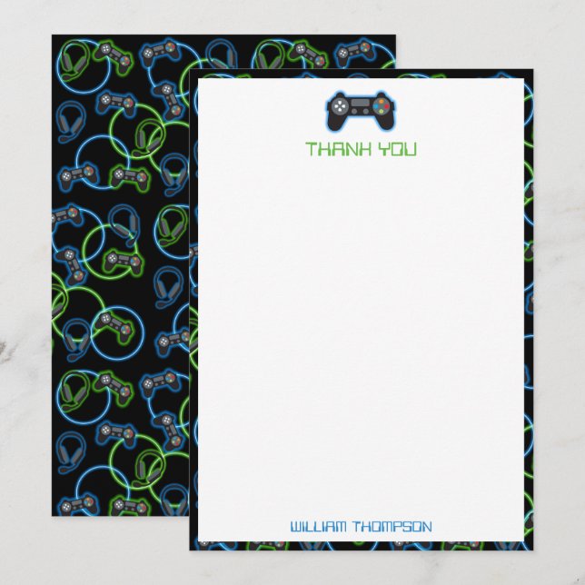 Carte De Remerciements Jeu vidéo Neon Blue & Green Motif Monogramme (Devant / Derrière)