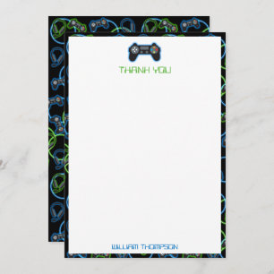 Carte De Remerciements Jeu vidéo Neon Blue & Green Motif Monogramme