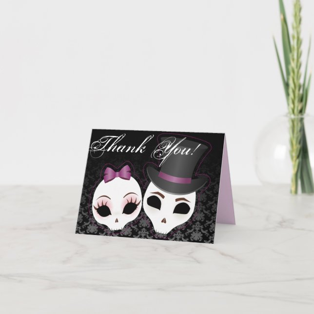 Carte De Remerciements Jeune mariée et marié Skullies (violet) "Merci " (Devant)