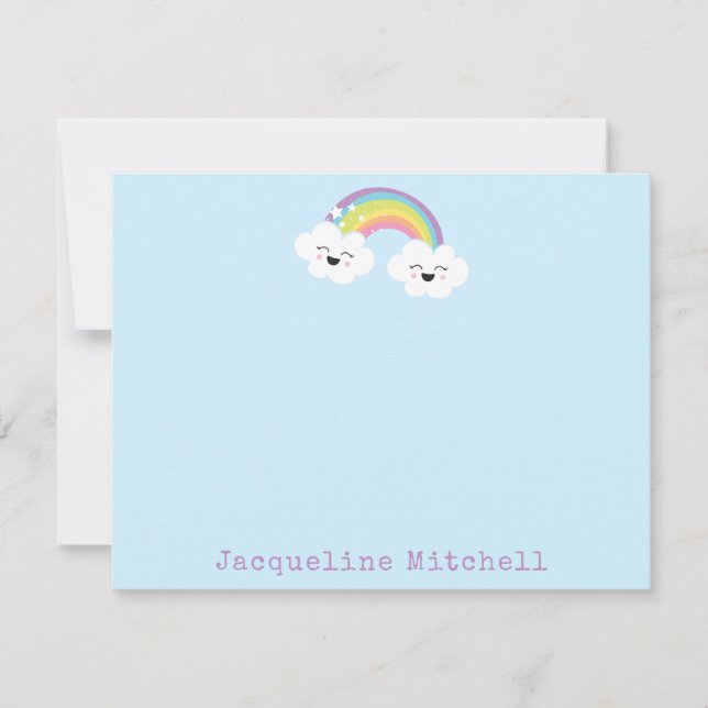 Carte De Remerciements Joli arc-en-ciel Visages de nuages Kawaii Nom bleu (Devant)