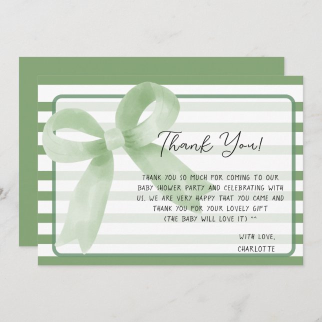 Carte De Remerciements Joli Baby shower de Bow vert Aquarelle (Devant / Derrière)