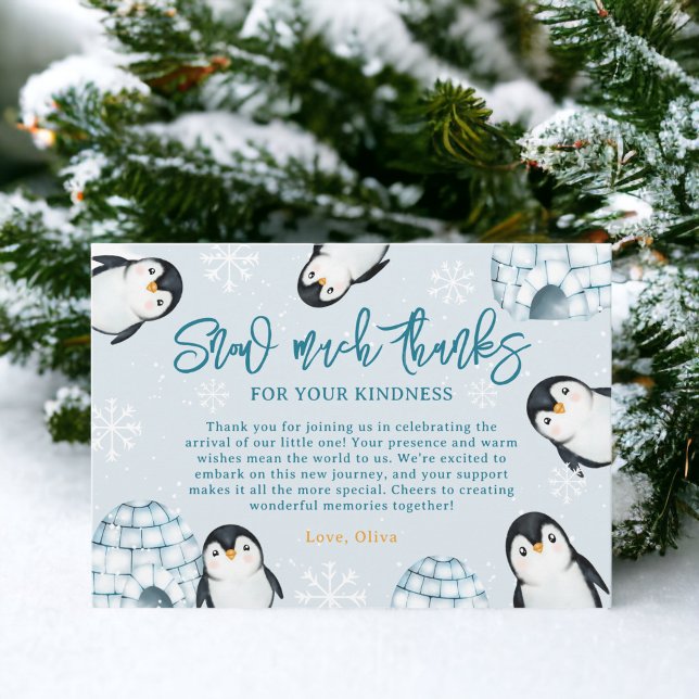 Carte De Remerciements Joli baby shower de neige des igloos de manchots d (Cute winter penguin igloos snow baby shower thank you card)