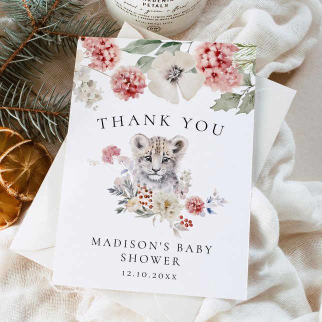 Carte De Remerciements Joli Baby shower d'hiver Léopard de neige en aquar (Créateur téléchargé)