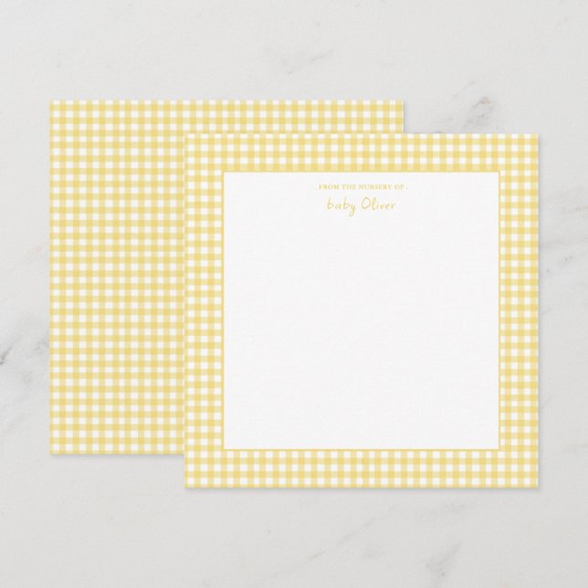 Carte De Remerciements Joli baby shower en vichy jaune et blanc (Devant / Derrière)