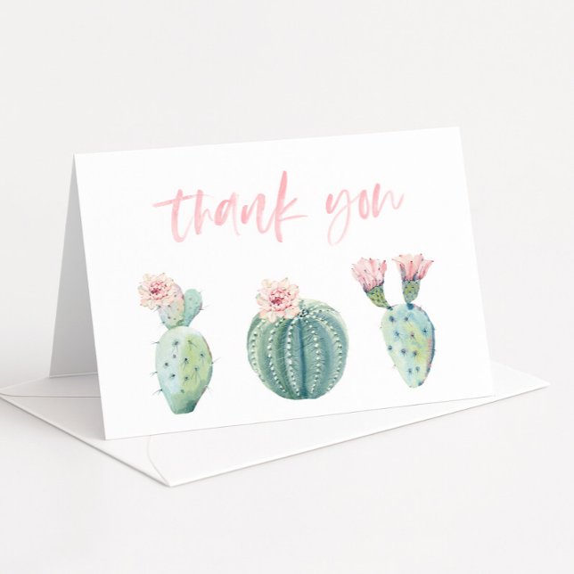 Carte De Remerciements Joli Baby shower Pastel Rose Cactus Plier (Watercolor pink cactus thank you cards)