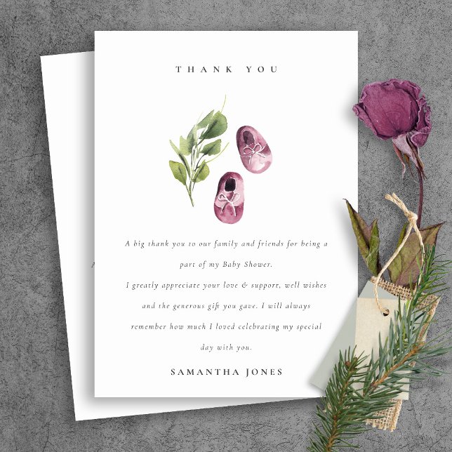 Carte De Remerciements Joli Baby shower Rose rose Fille Chaussures Foliag (Créateur téléchargé)