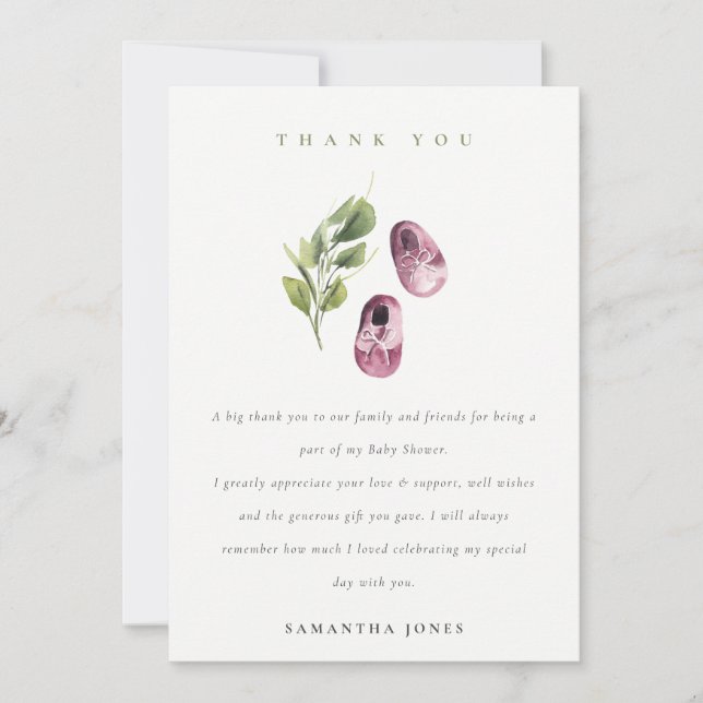 Carte De Remerciements Joli Baby shower Rose rose Fille Chaussures Foliag (Devant)