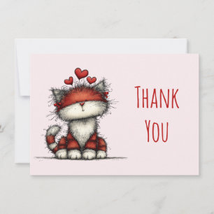 Carte De Remerciements Joli Chat avec des Cœurs d'Amour Rouges