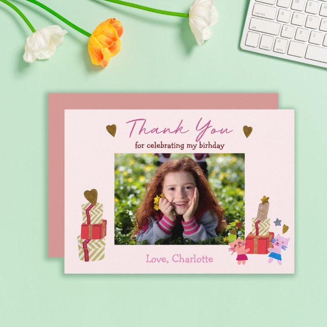 Carte De Remerciements Joli chat et cadeaux | Fête d'anniversaire rose (Créateur téléchargé)