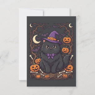 Carte De Remerciements Joli chat noir d'Halloween Chapeau de sorcière Cit